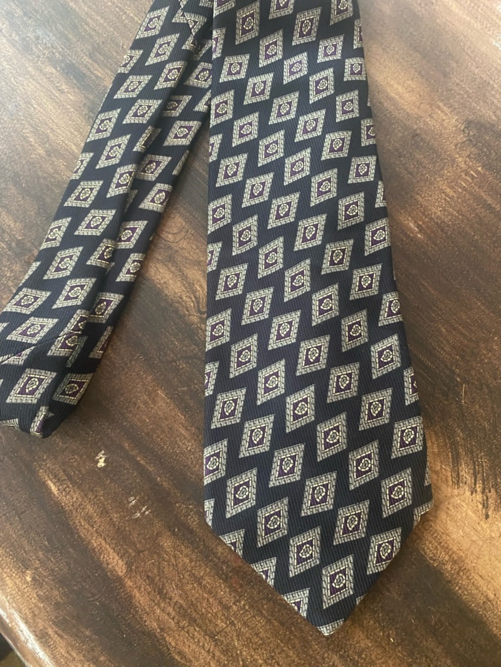 Robert Talbott Navy Silk Tie with Gold and Purple Geometric Motif